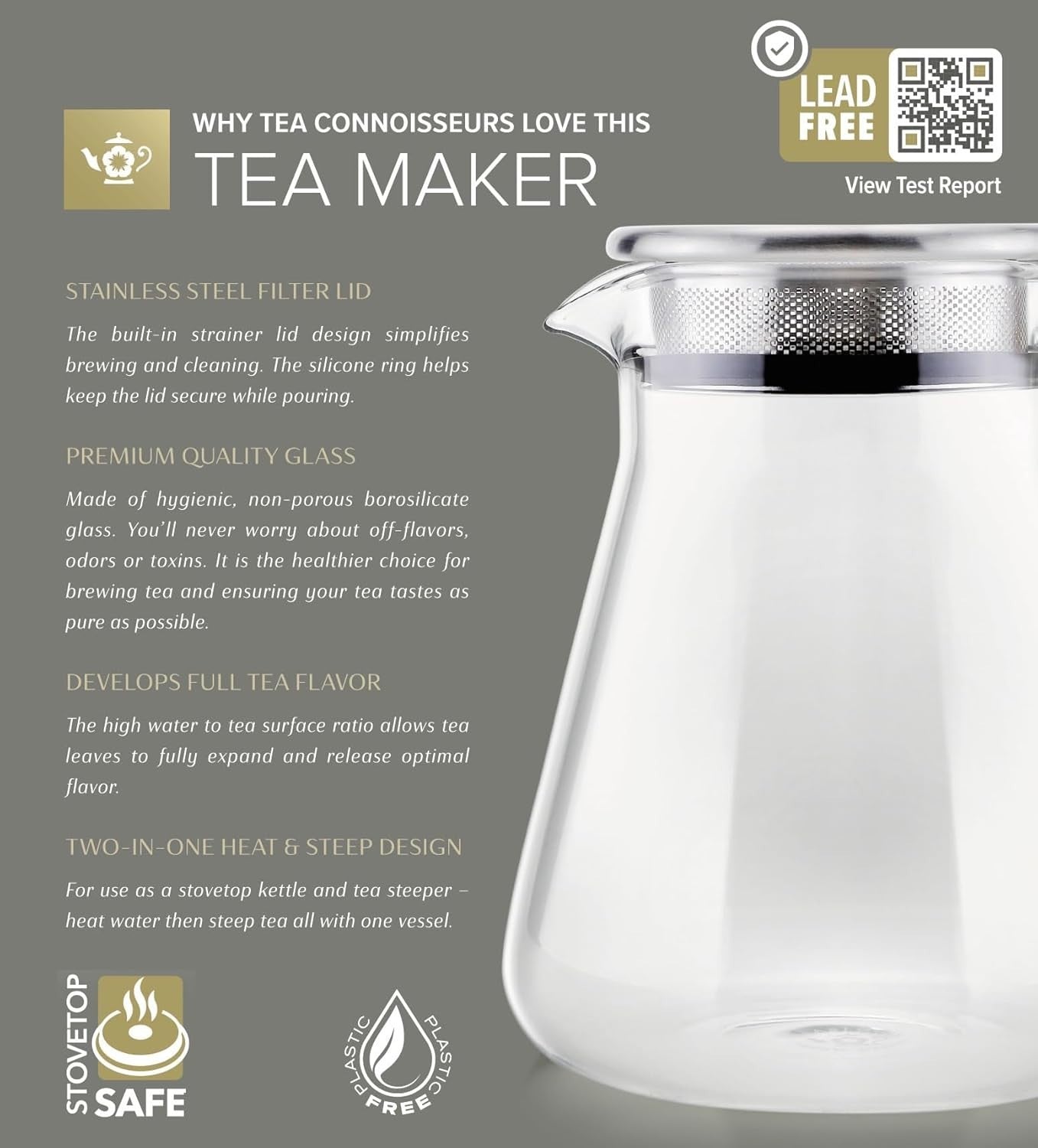 Glass Tea Maker Kettle 40oz Stovetop Safe Loose Leaf Tea Pot Filter