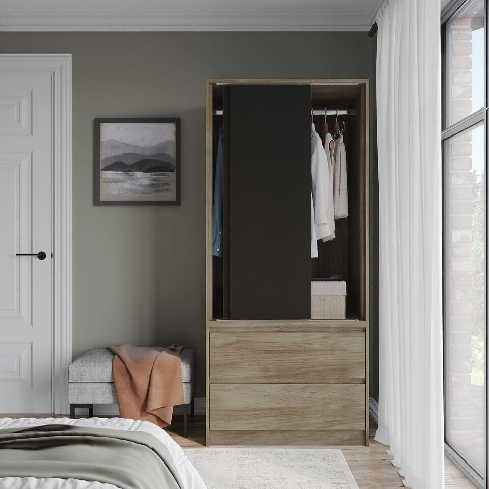 Modern 2-Door 2-Drawer Sliding Wardrobe with Hanging Rail & Adjustable Feet