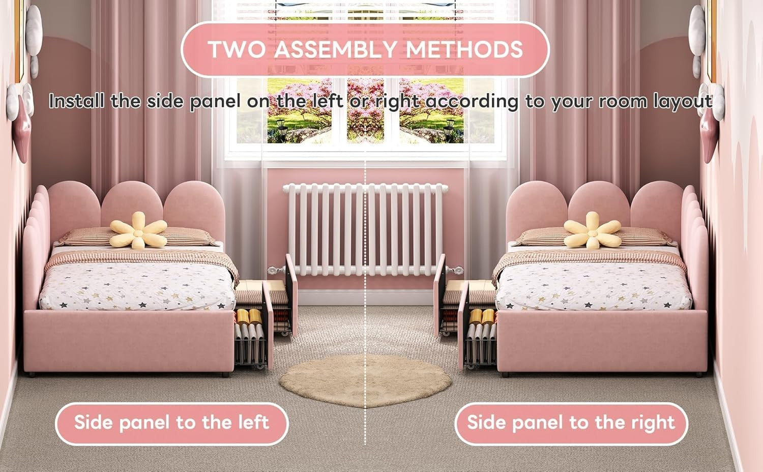 Pink Velvet Single Daybed Sofa Bed w/ Storage Drawers Kids Teen Room