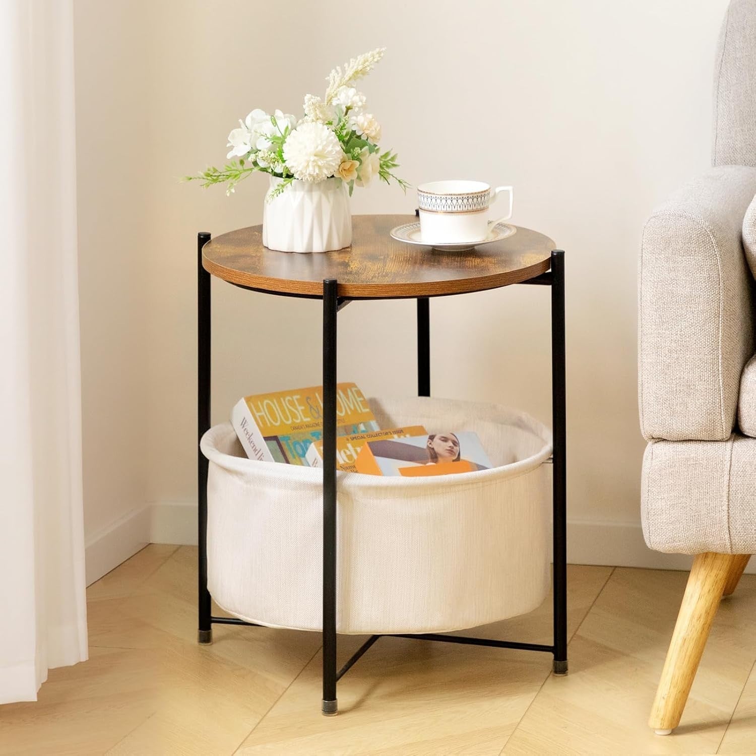 Round Side Table with Fabric Basket Storage Small Coffee Table Living Room