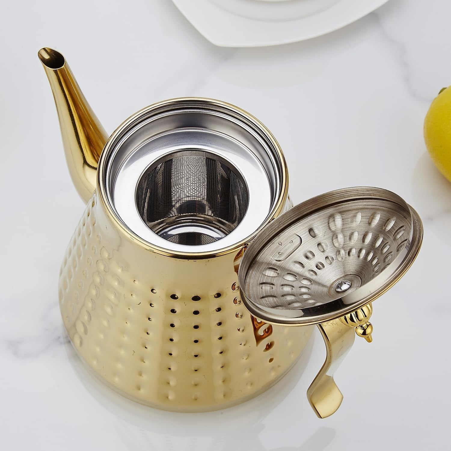 1.2L Gold Stainless Steel Teapot with Infuser Hammered Tea Pot 5 Cup