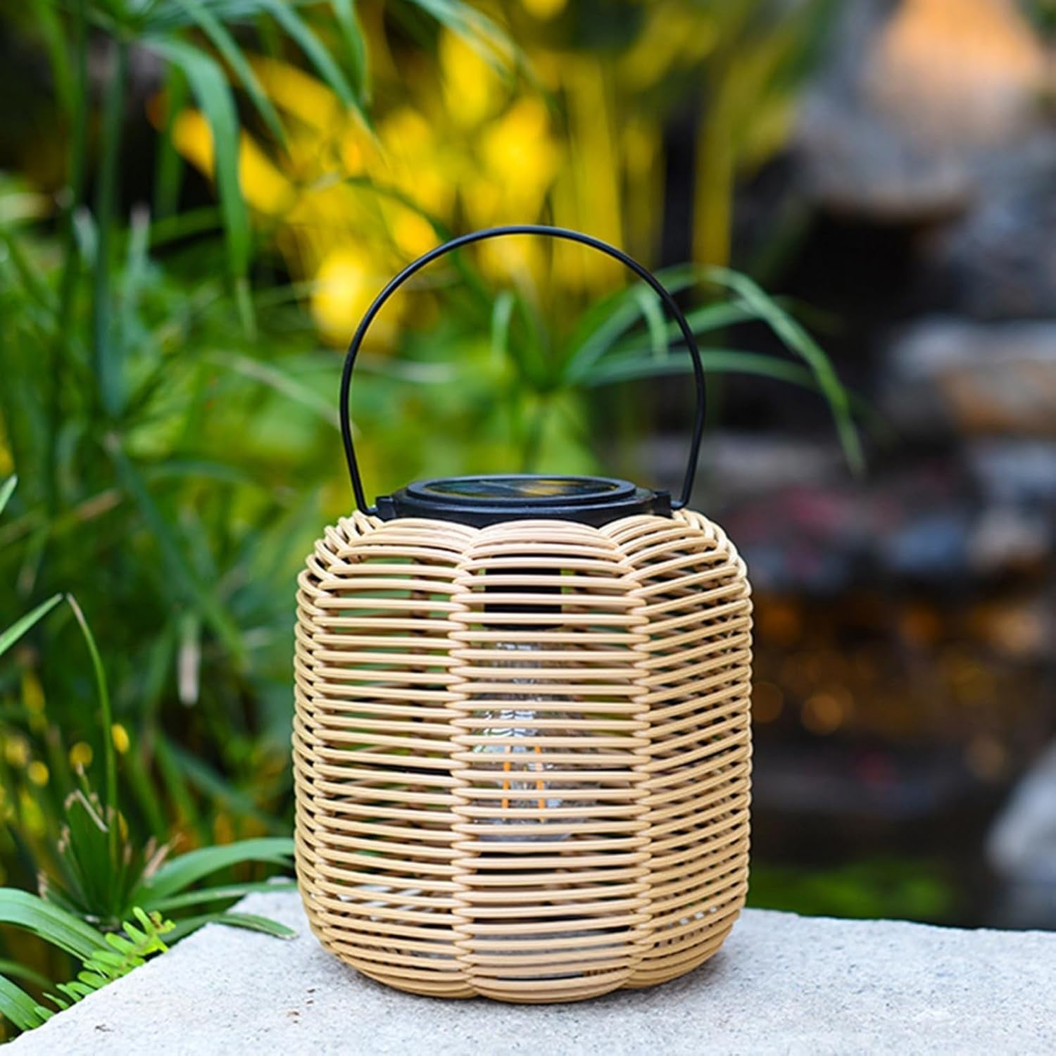 Japanese Hanging Solar Lantern – Rattan Outdoor Garden Light (Size C)