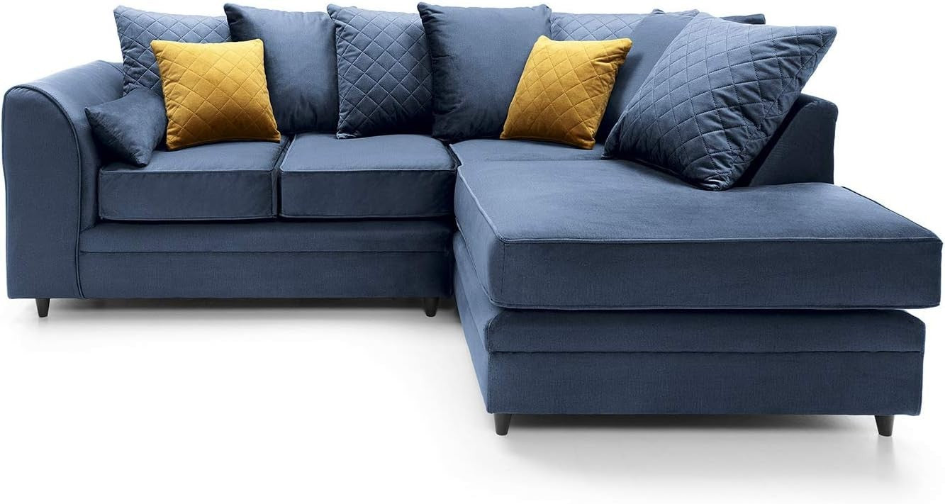 Right Hand Dark Blue L Shape Corner Sofa Velvet Water-Repellent Comfort