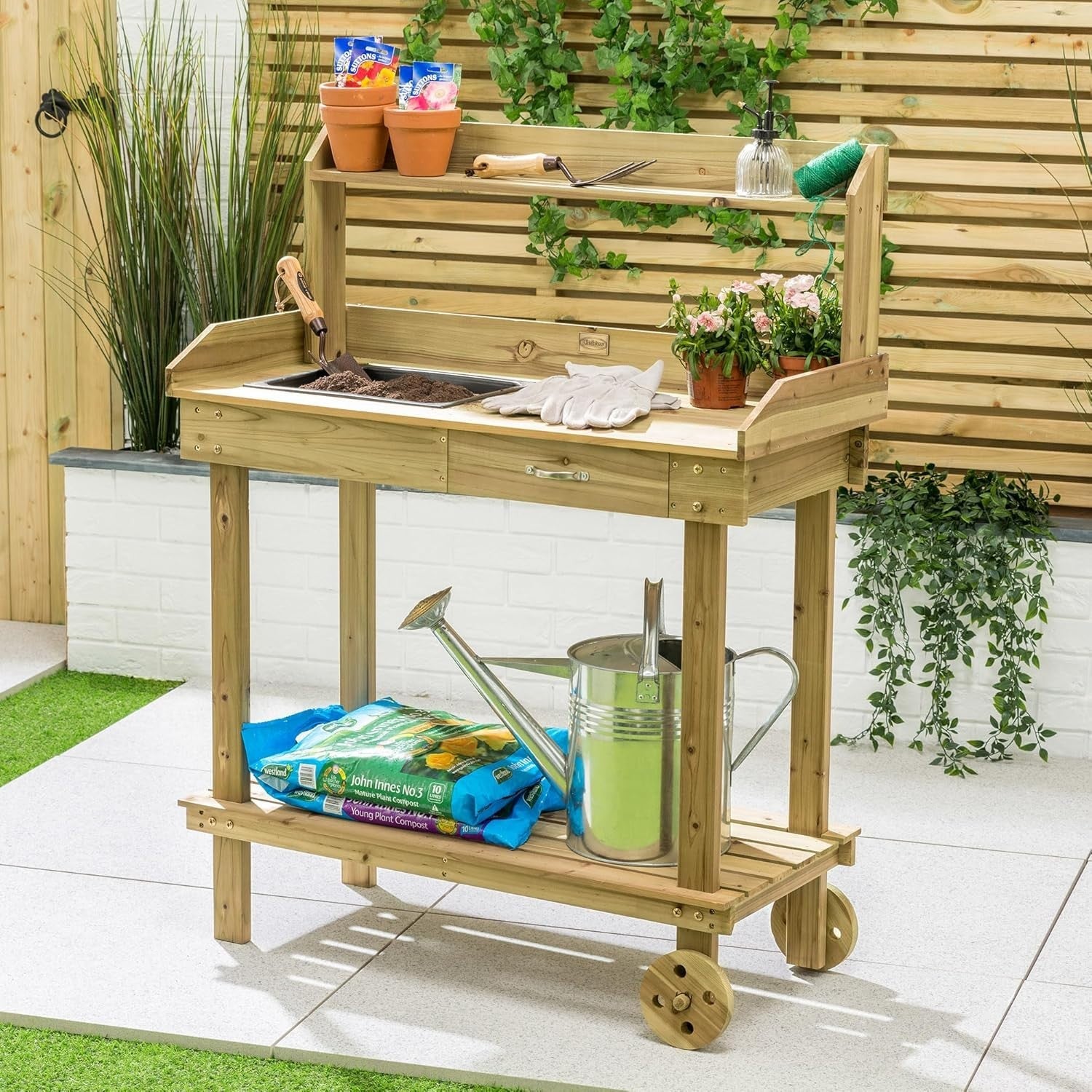 Wooden Garden Potting Table With Wheels Tray Drawer Shelves Outdoor Bench