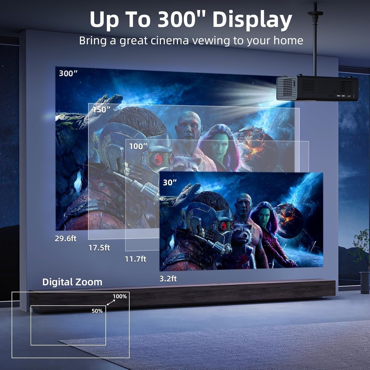 1080P WiFi Bluetooth Projector 4K Support Electric Focus 300"