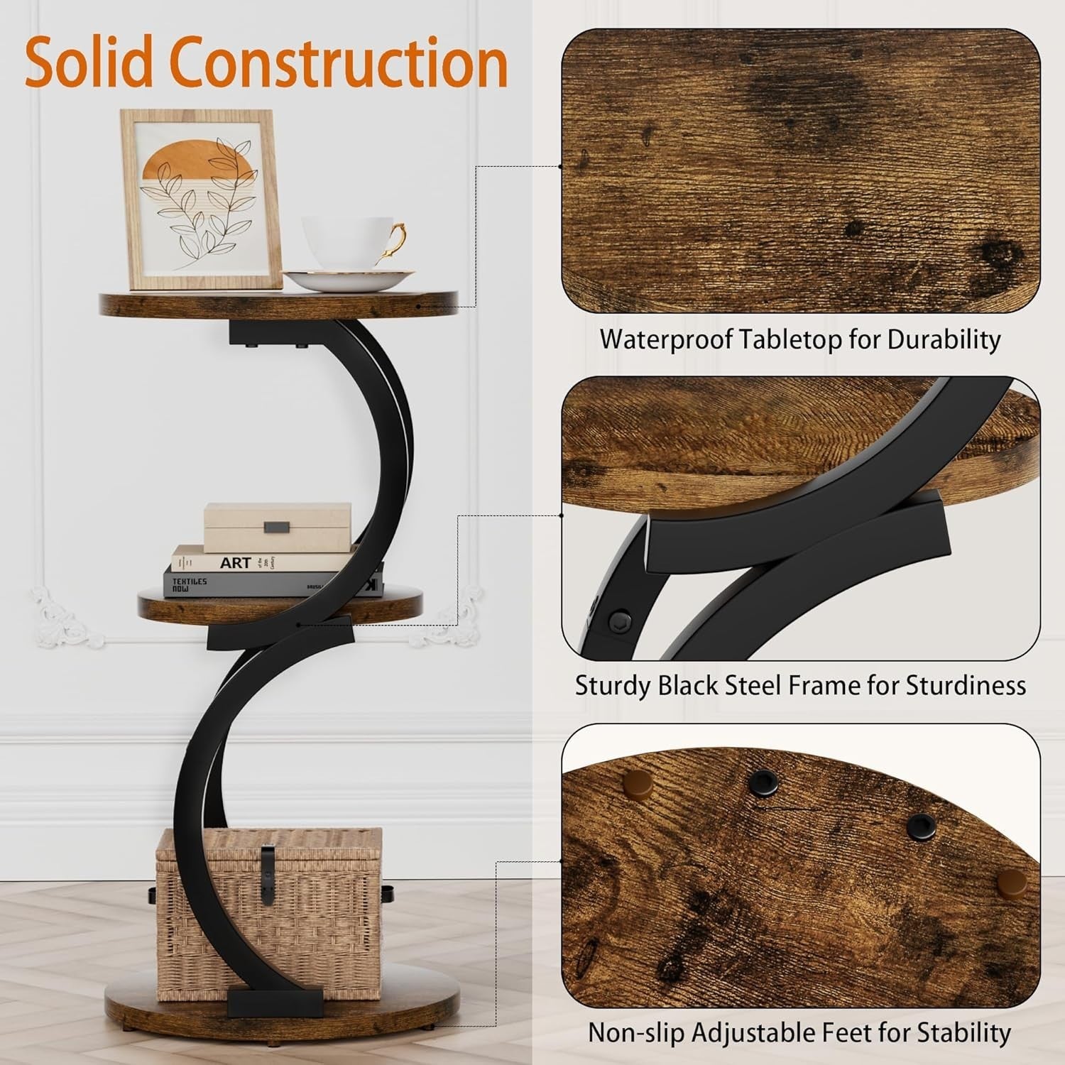 3-Tier Round Small Side Table with Storage, Rustic Brown S-Shaped End Table