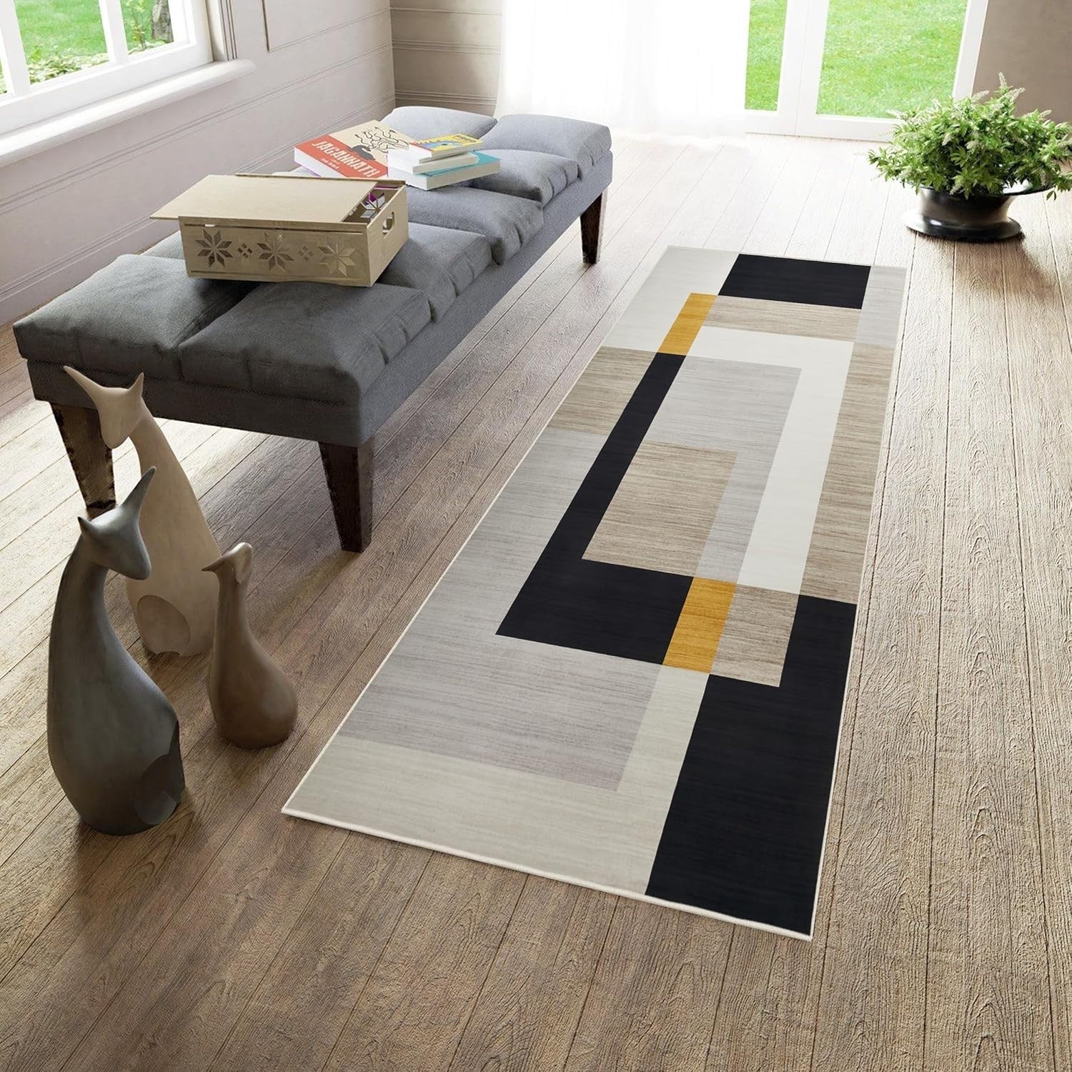 Black Yellow Runner Rug 80x300cm Non Slip Hallway Low Pile Geometric Carpet