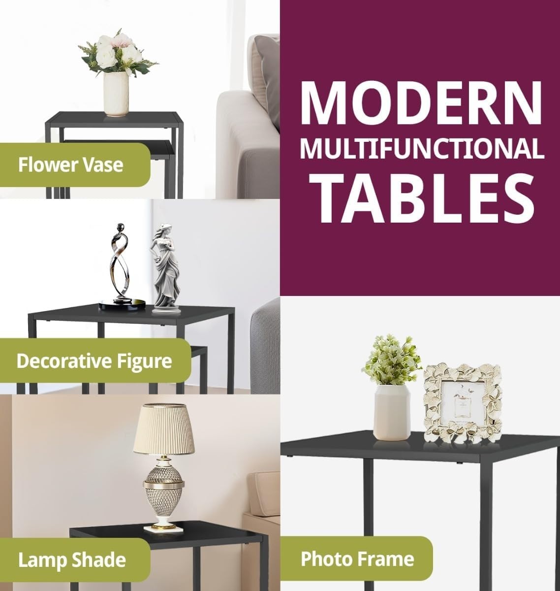 Modern Square End Side Table Black Metal Nightstand Coffee Accent Desk 40x40cm
