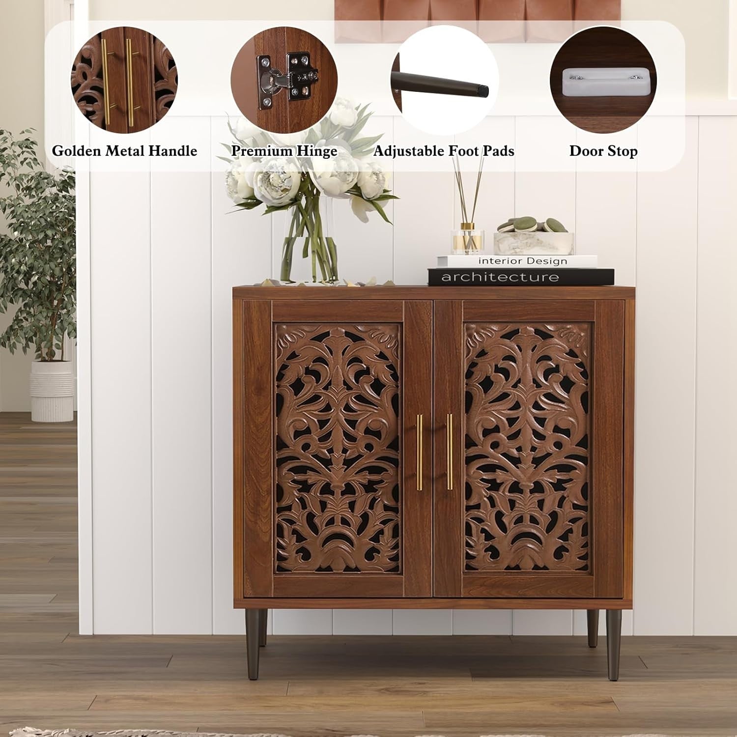 Brown Vintage Sideboard Cabinet 2 Door Carved Storage Unit Hallway Accent