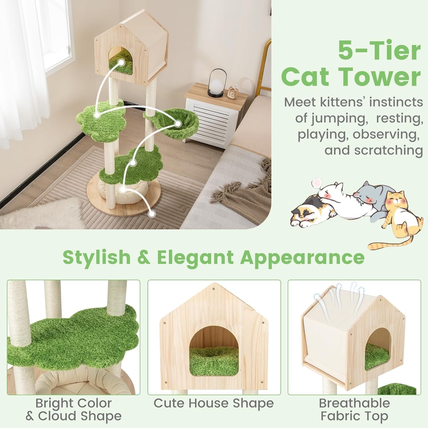 Modern Wooden Cat Tree Tower House Bed Sisal Posts Multi Level Indoor