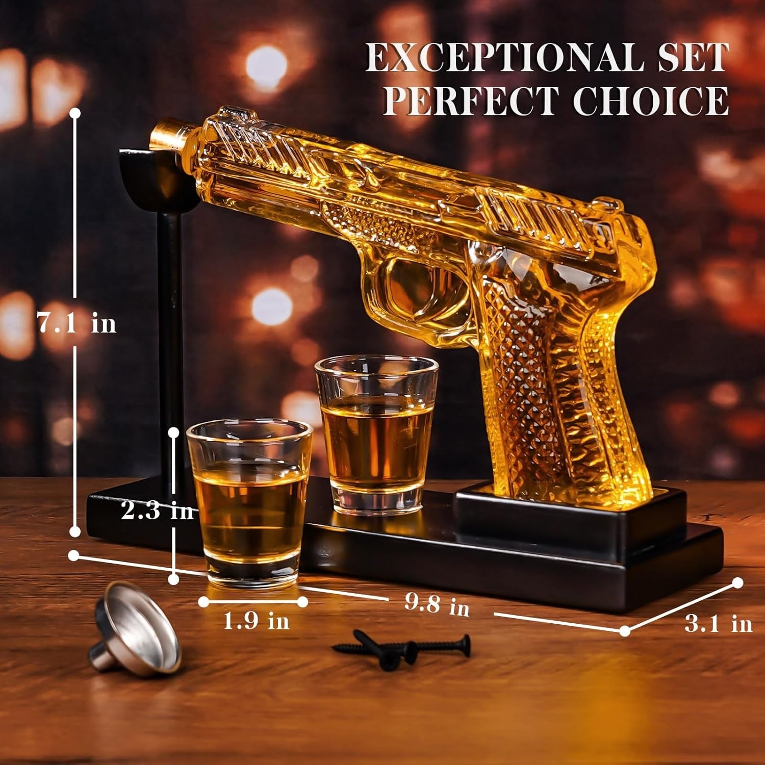 Golden Pistol Whiskey Decanter Set with Shot Glasses 265ml Mens Gift Bar Decor