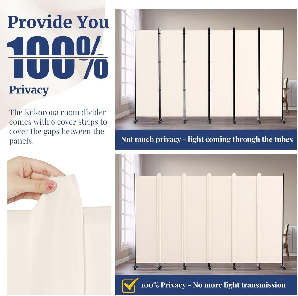 6 Panel Beige Folding Room Divider with Lockable Wheels 119x70 Inch