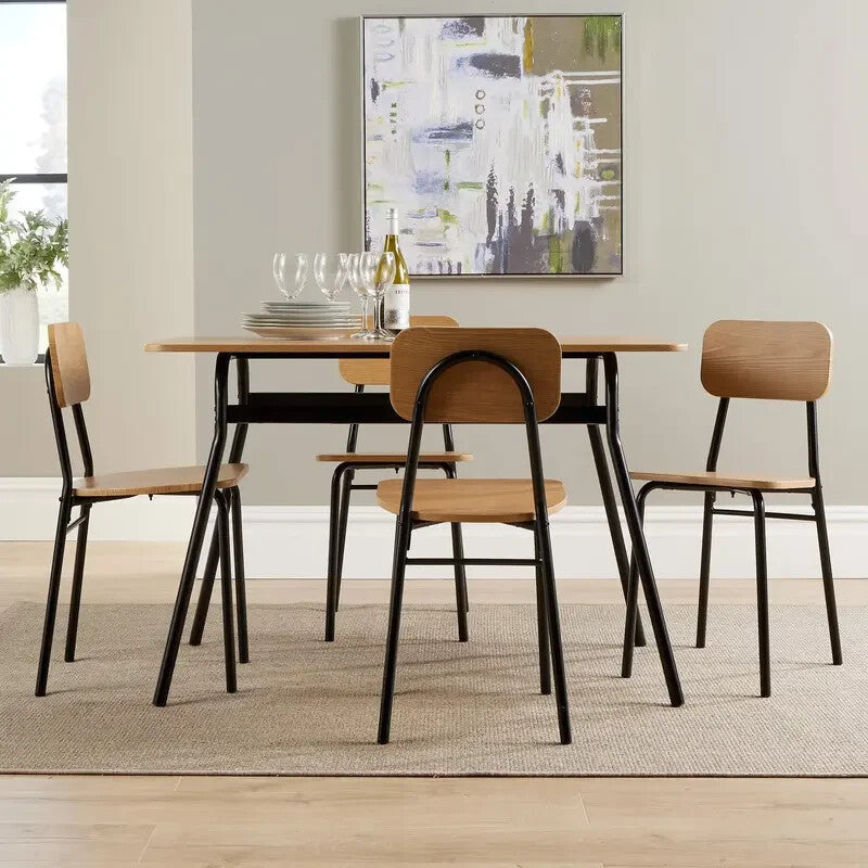 5 Piece Dining Table Set Oak MDF Top & Black Metal Frame with 4 Chairs