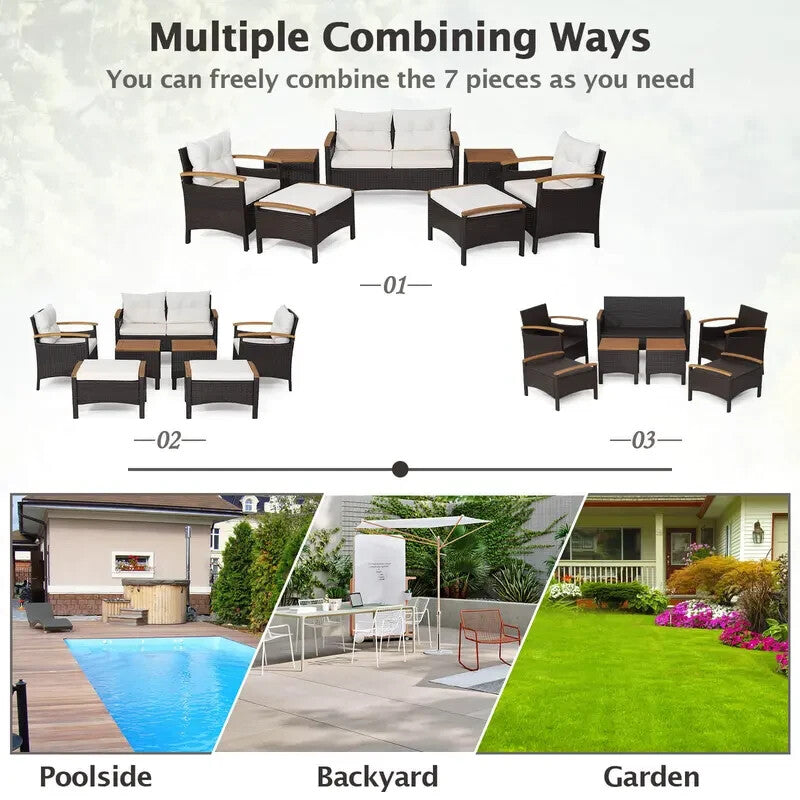 7PC Rattan Garden Patio Sofa Set – Outdoor Chairs Ottomans Table Cushions