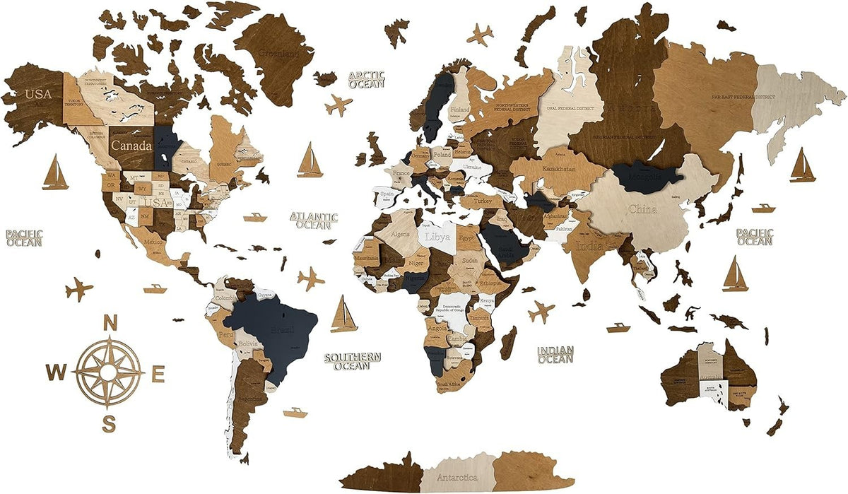 XL 3D Wooden World Map Wall Art Coffee Travel Decor 213x113cm