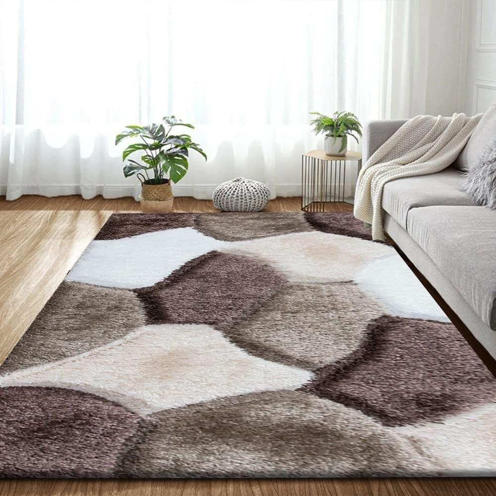 Large Brown Beige Shaggy Area Rug 160x230cm Soft Non Shed Living Room Carpet