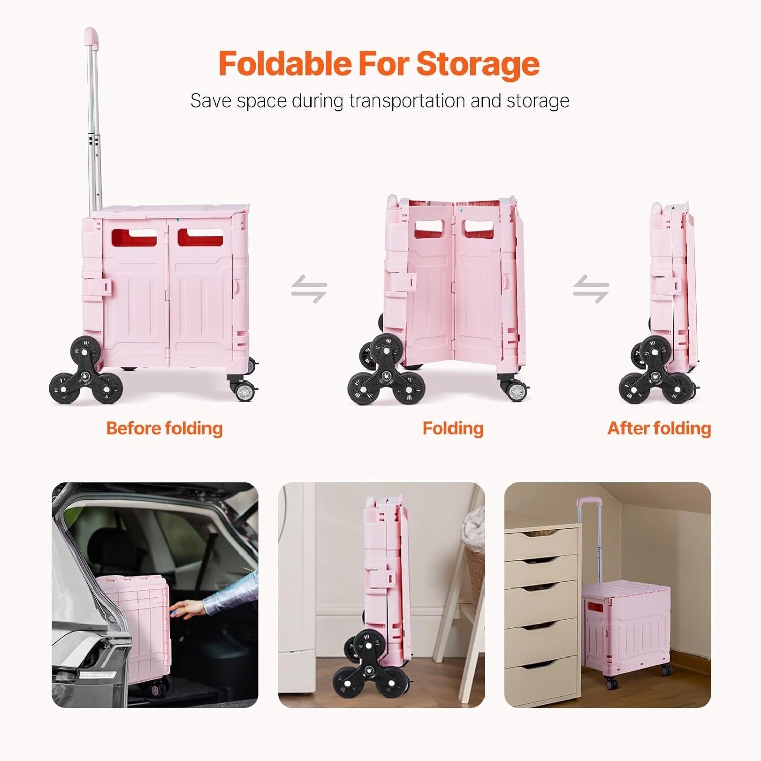 Foldable 65L Utility Cart Stair Climber Wheels Portable Pink