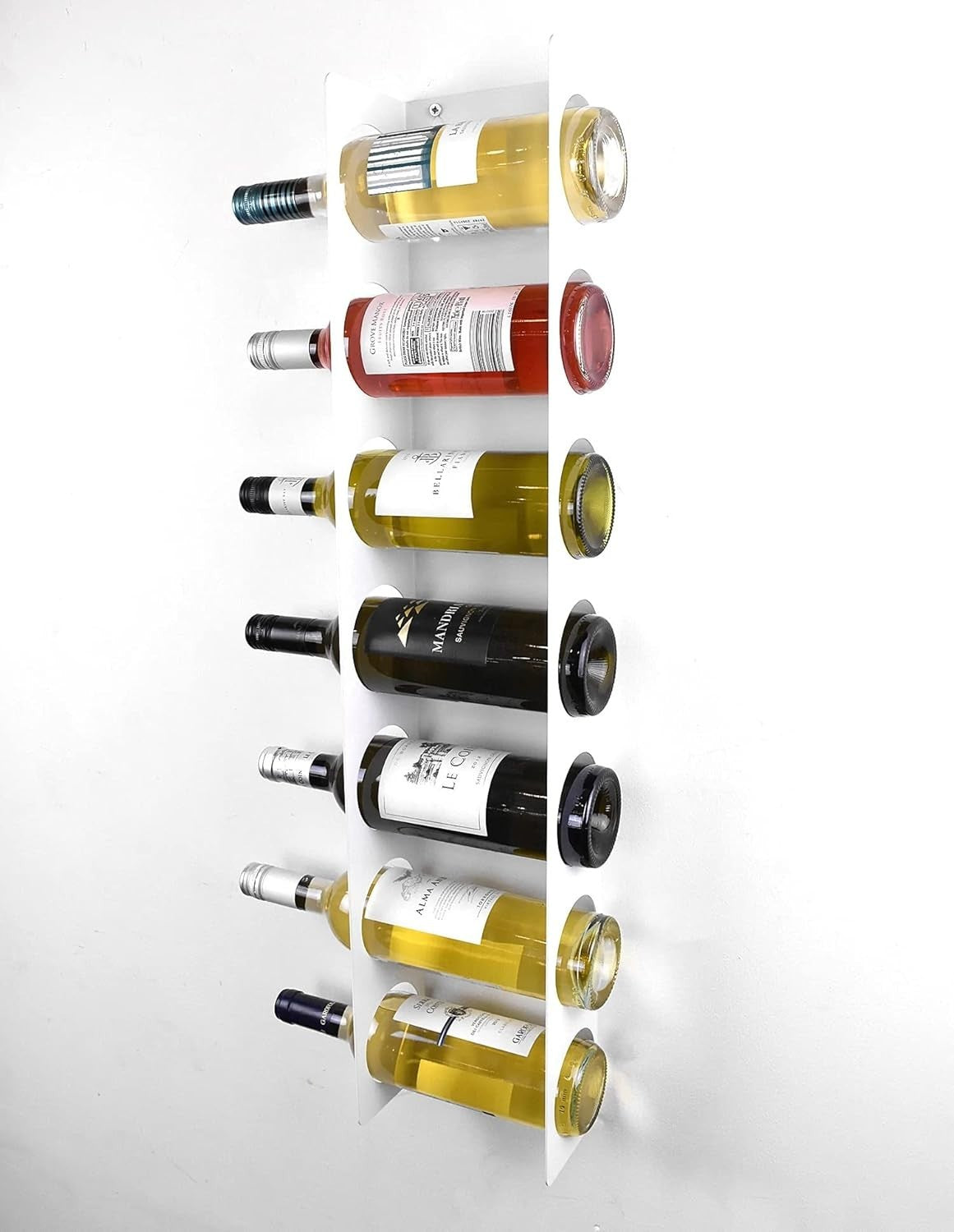 Wall Mounted Vertical Wine Rack White Metal Holds 7 Bottles Space Saving