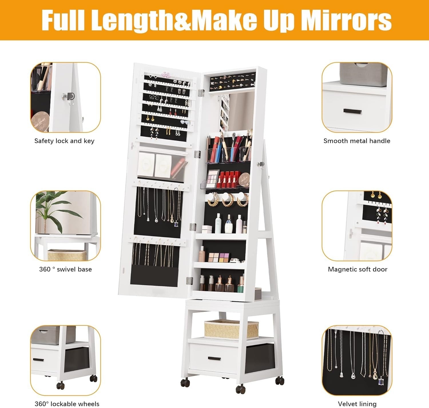 White 360° Rotating Jewellery Cabinet Full Length Mirror Lockable