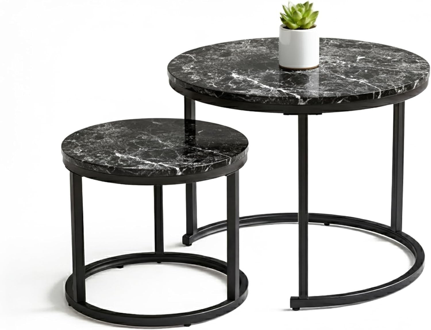 Space Saving Nesting Coffee Tables Set of 2 Black Marble Effect Round End Side A