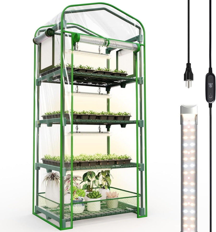 4 Tier Indoor Greenhouse with LED Grow Lights | Waterproof Base & Timer