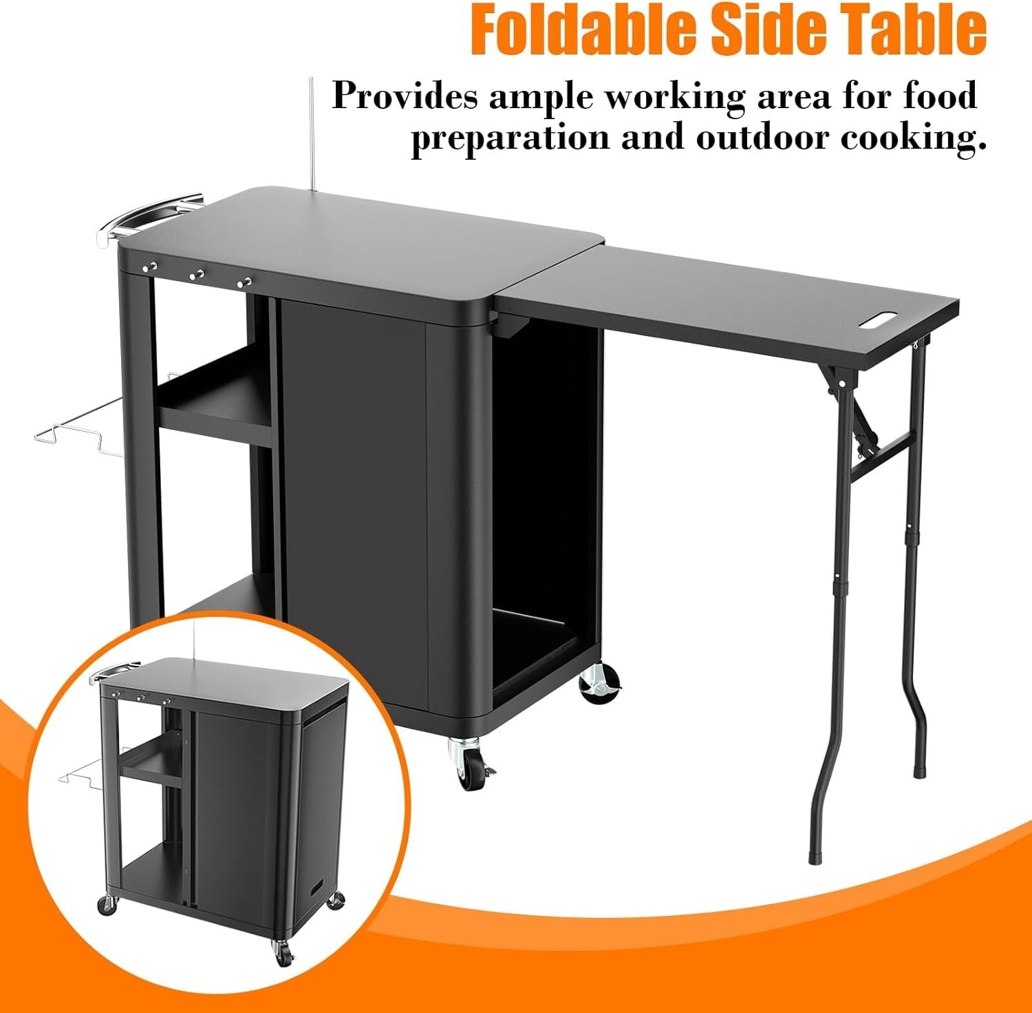 Outdoor BBQ Grill Cart Table with Foldable Side Table Storage Hooks Wheels Black