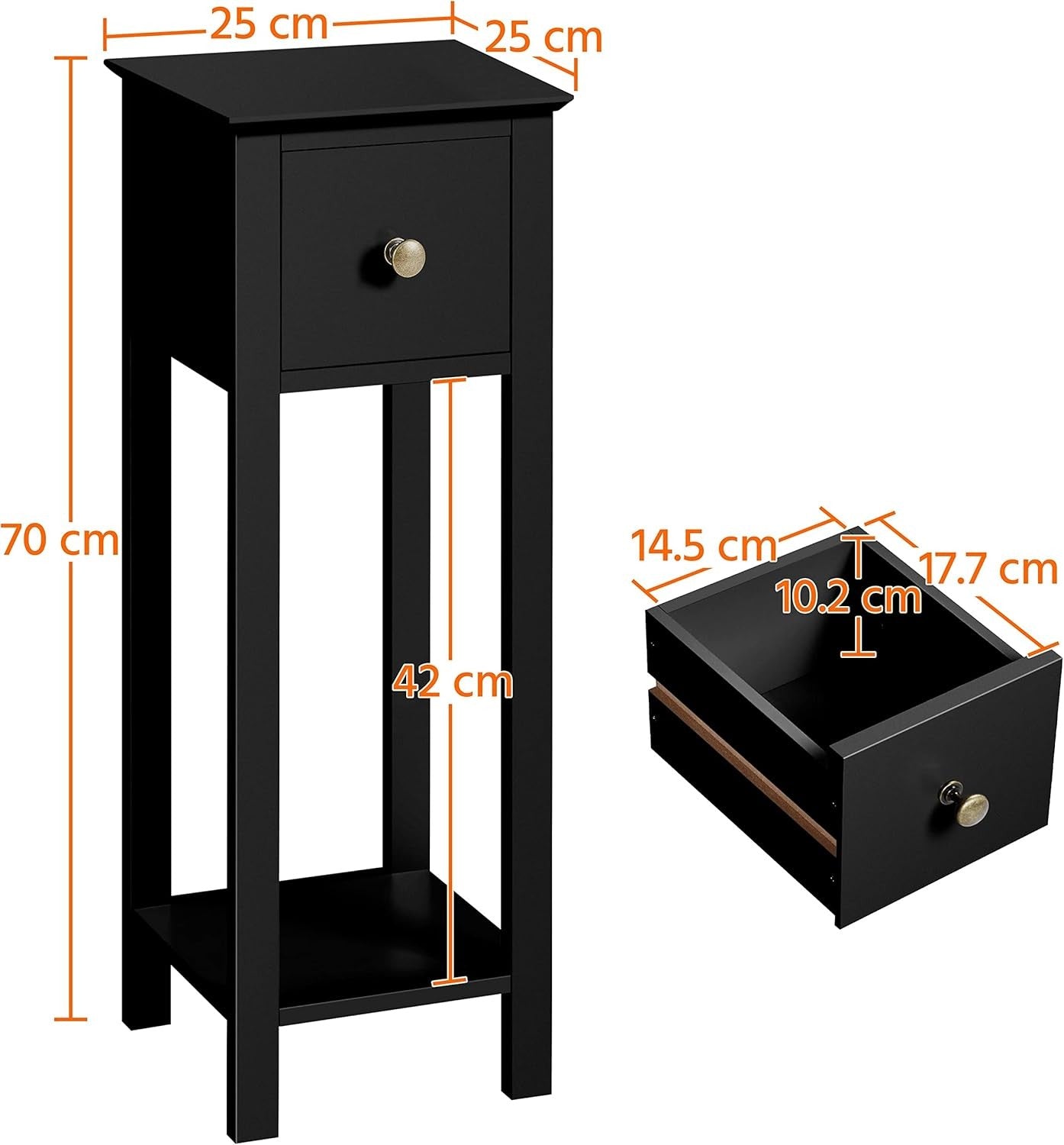 Set of 2 Black Slim Tall Bedside Tables with Drawer & Shelf – Narrow 25x25x70cm