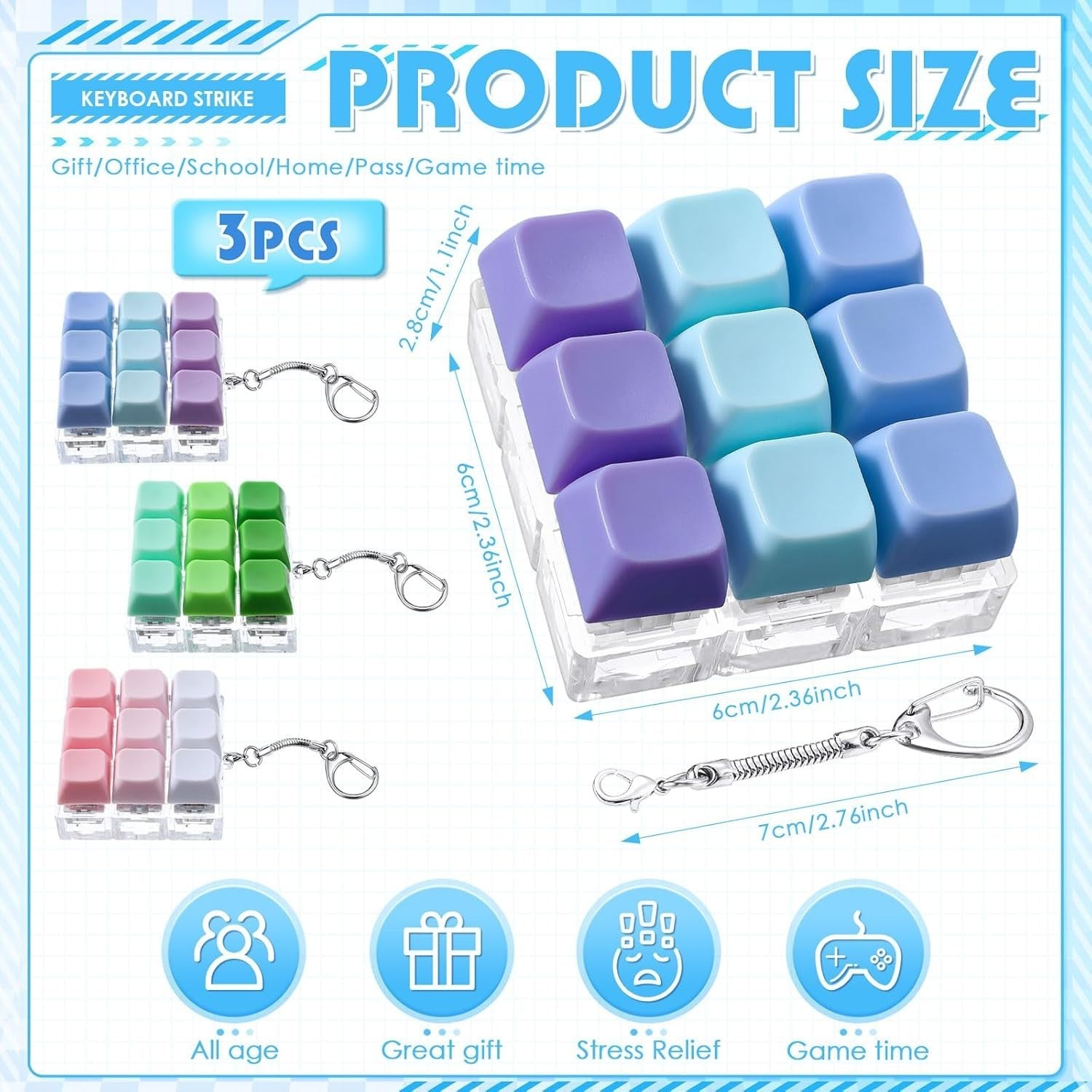 Mechanical Keyboard Clicker Fidget Keychain 3pcs Gradient Stress Toy