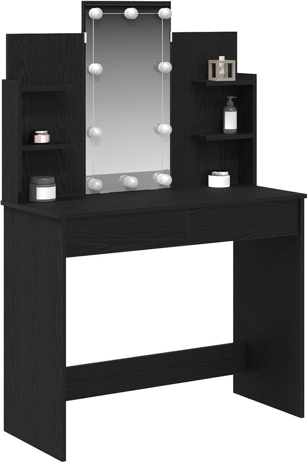 Contemporary Vanity Dresser 6 Drawer LED Mirror Black Oak Makeup Table