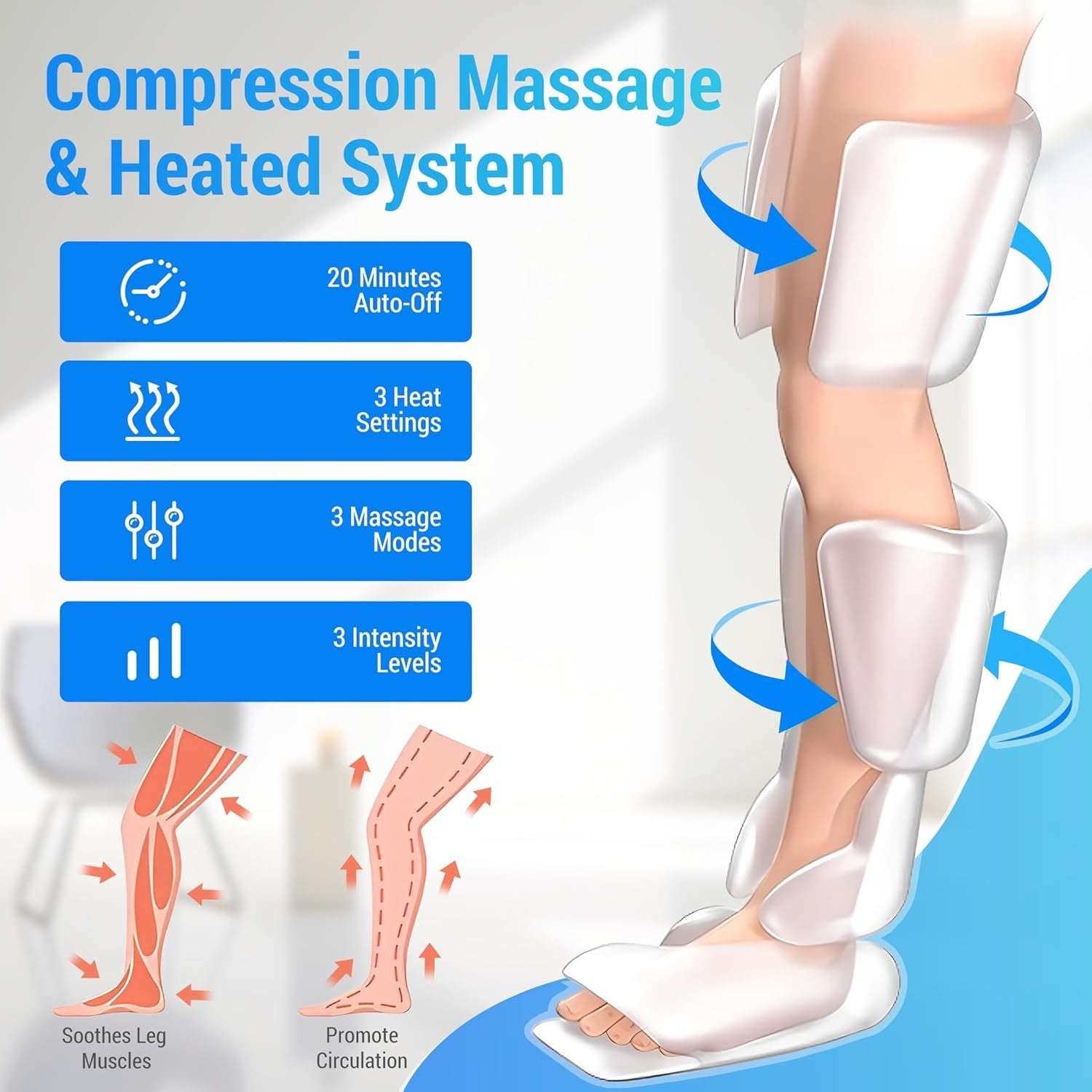 Leg Foot Calf Massager with Heat Air Compression Wraps Pain Relief