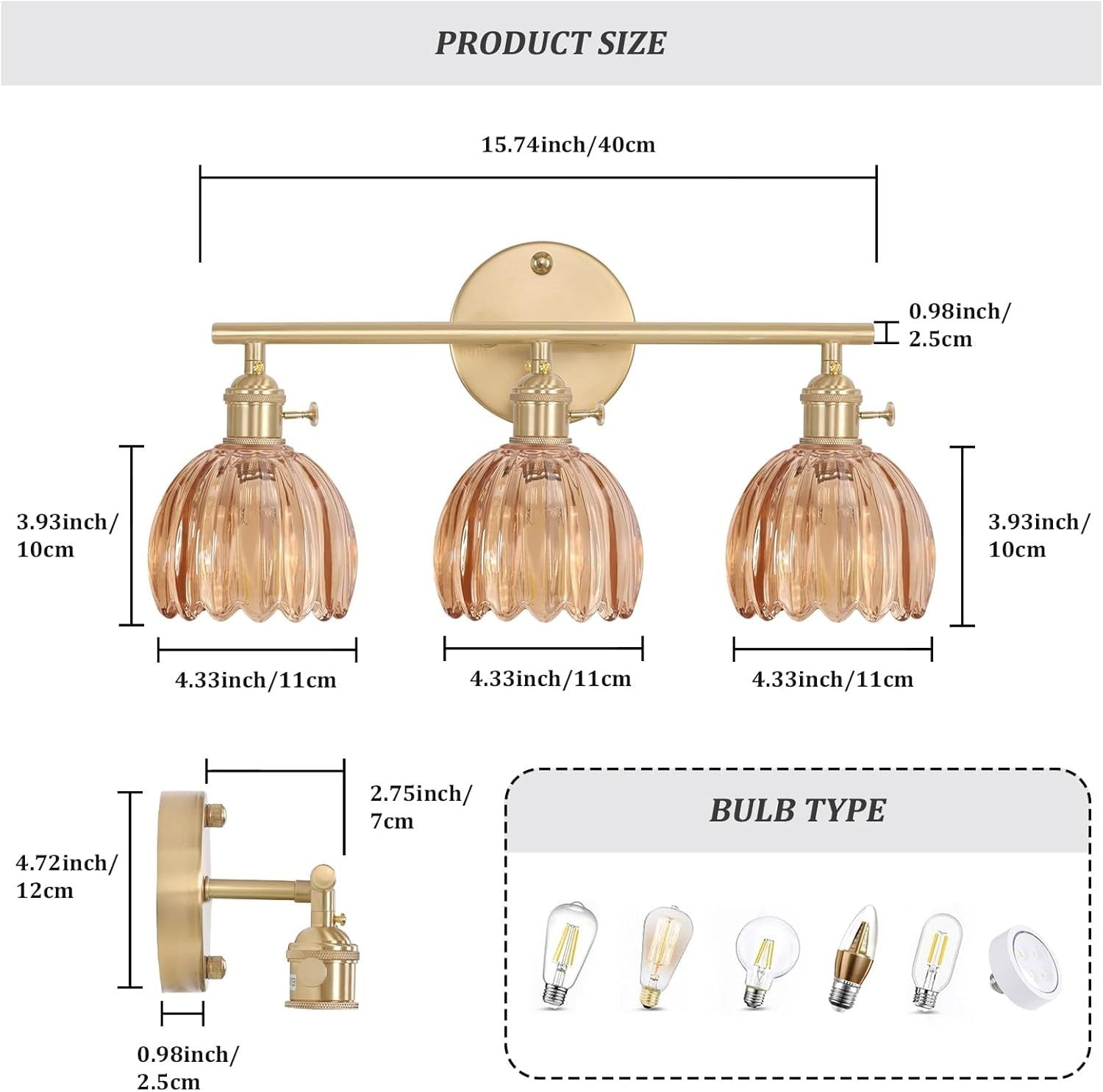 3-Light Amber Glass Wall Sconce Vanity Light Brass Fixture for Bathroom