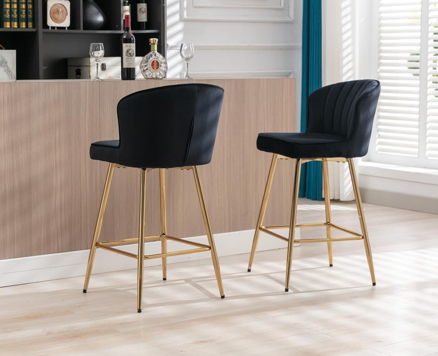 Set of 2 Black Velvet Bar Stools with Gold Metal Legs – Adjustable Counter Chair