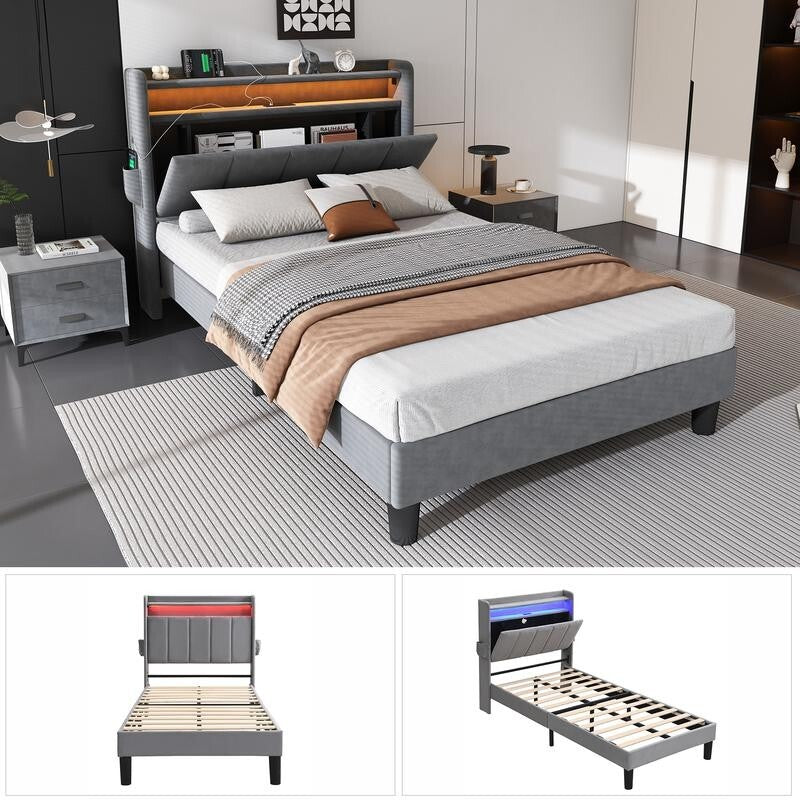 Single Bed 3FT Grey Velvet USB Charging LED Light Storage Bed for Teen Kids