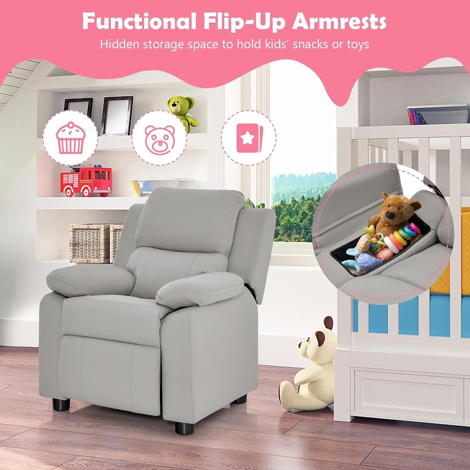 Kids Recliner Chair Adjustable Backrest & Footrest PU Leather Sofa 66x60x73cm
