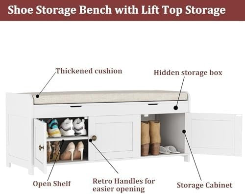 White Shoe Storage Bench with Cushion Seat 3-Door Cabinet & Hidden Compartment