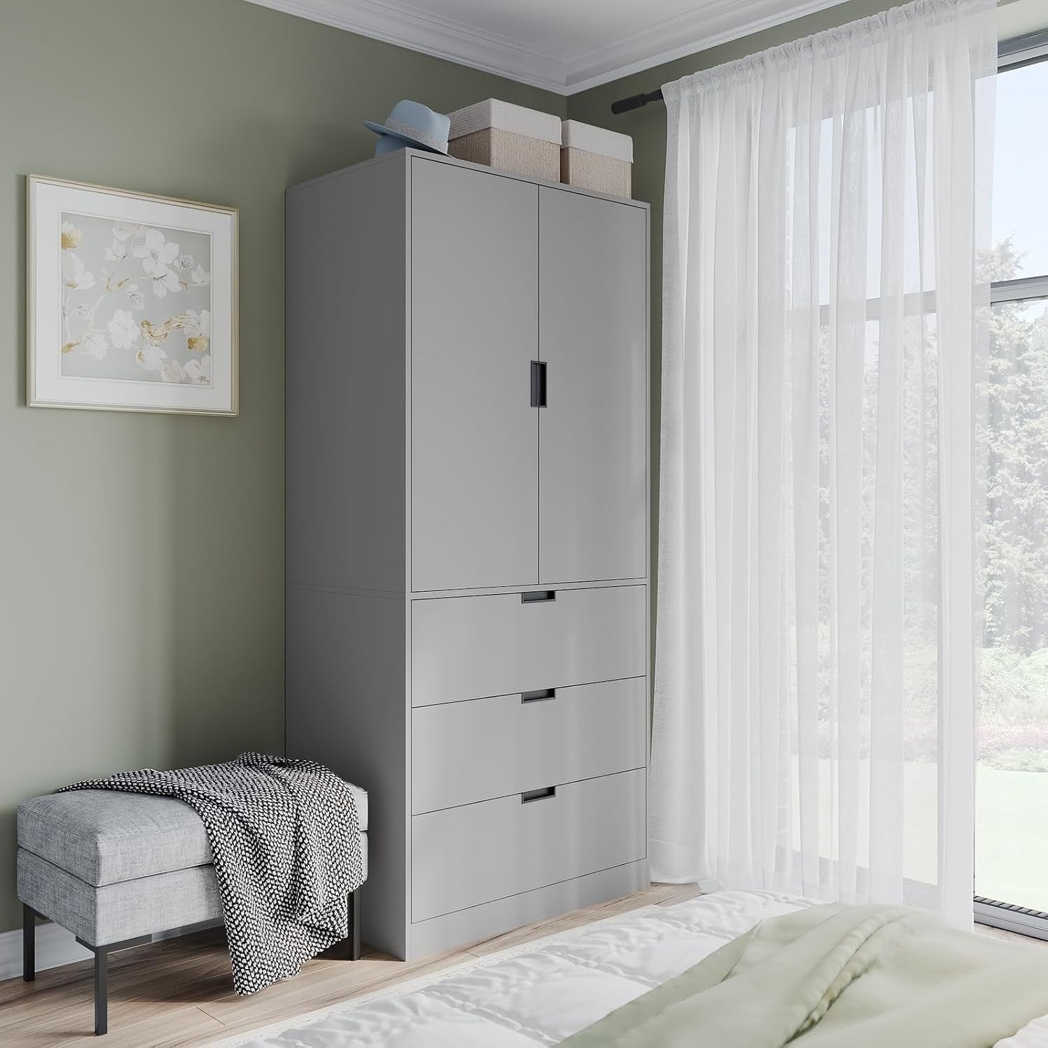 Modern Grey Tall Wardrobe 2 Door 2 Drawer with Rail Bedroom Storage Unit