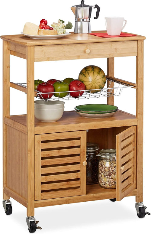 Bamboo Kitchen Trolley on Wheels Storage Cart with Cabinet Shelf Basket