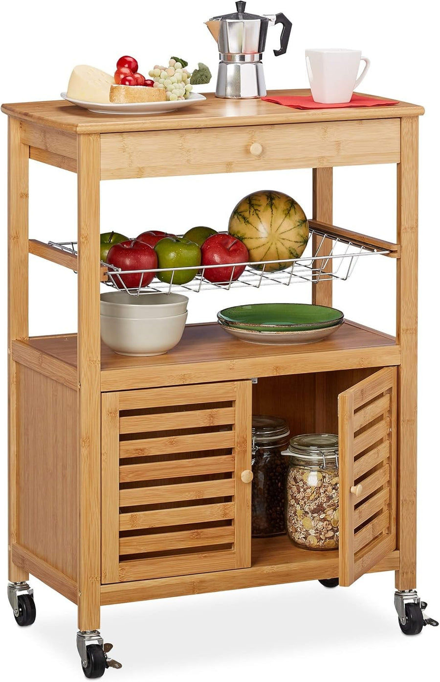 Bamboo Kitchen Trolley on Wheels Storage Cart with Cabinet Shelf Basket
