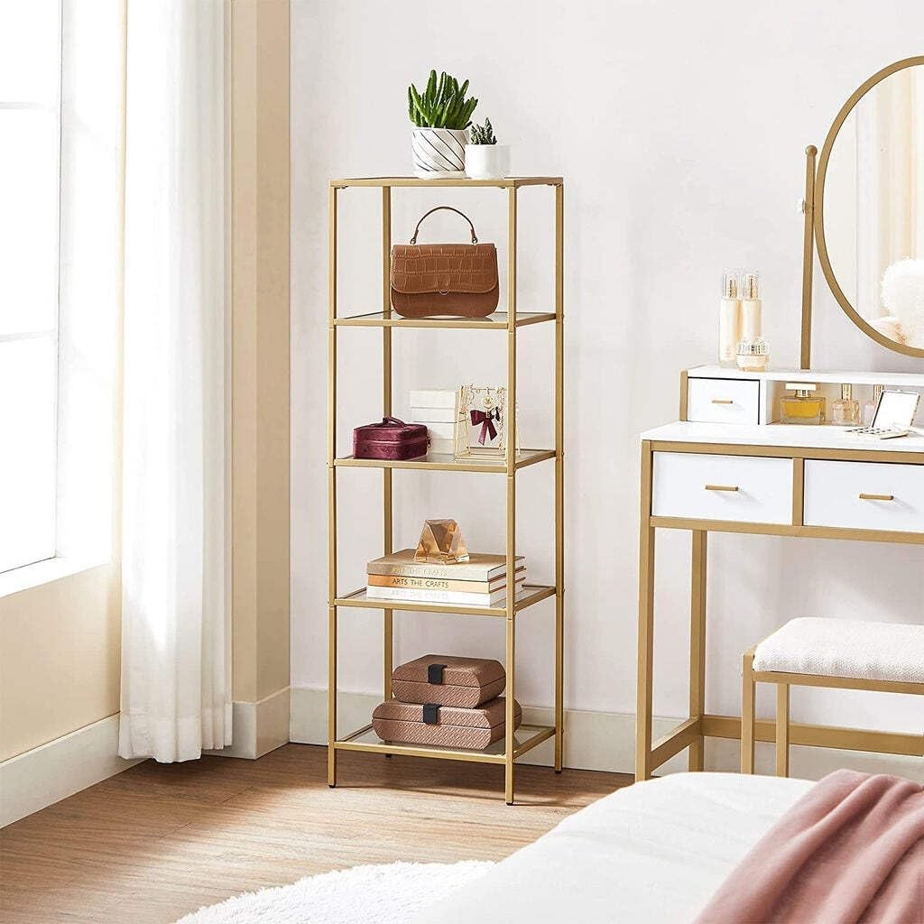 Tall 5-Tier Gold Glass Shelf Unit | Modern Display Rack Storage for Home Office