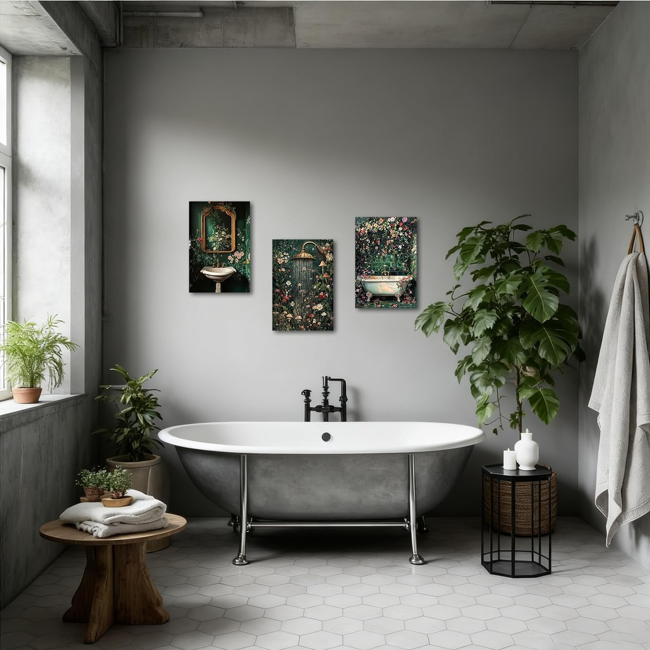 Dark Green Bathroom Wall Art 3 Piece Vintage Floral Canvas 11x14in
