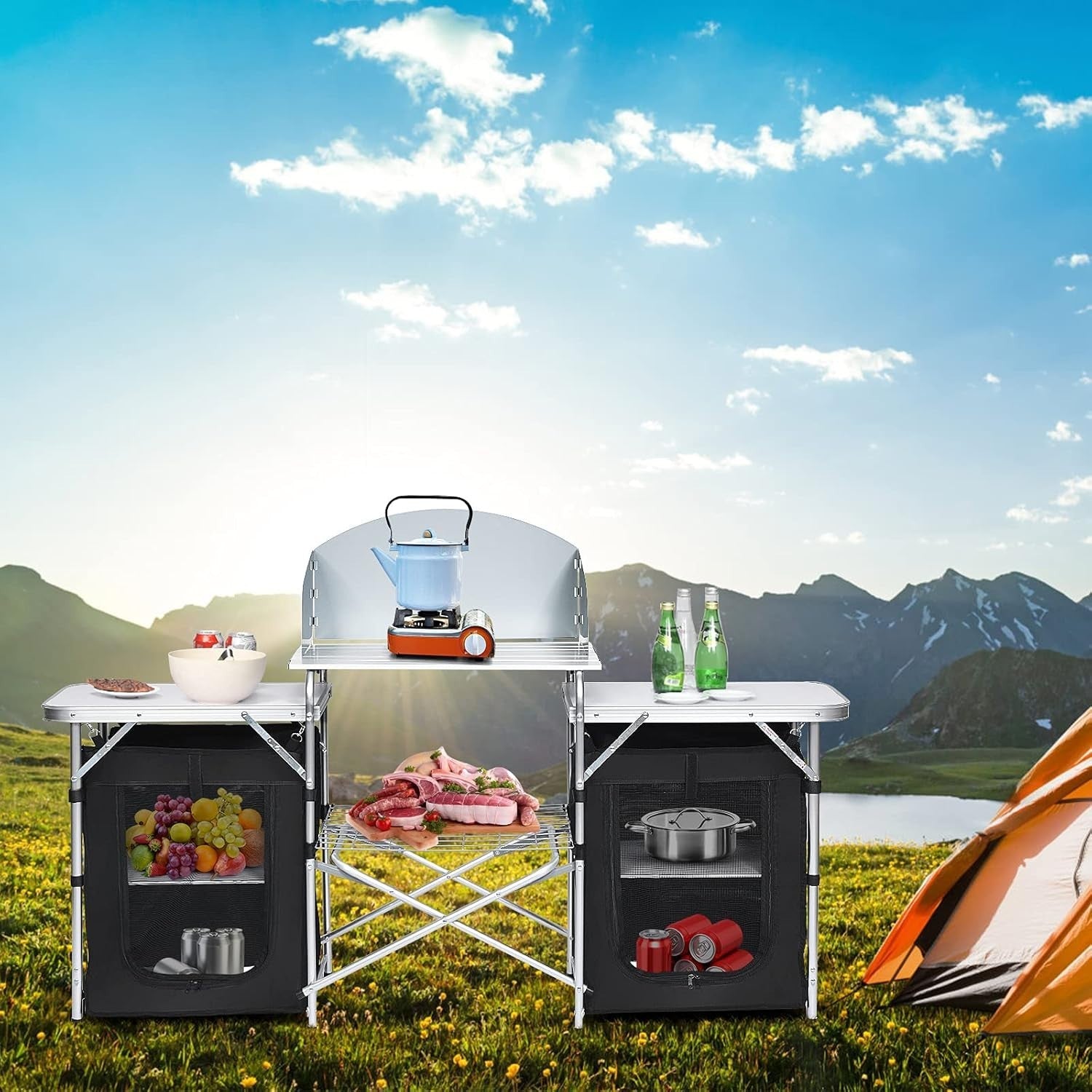 Folding Camping Kitchen Table Portable Outdoor Storage BBQ Picnic 172x48x110cm