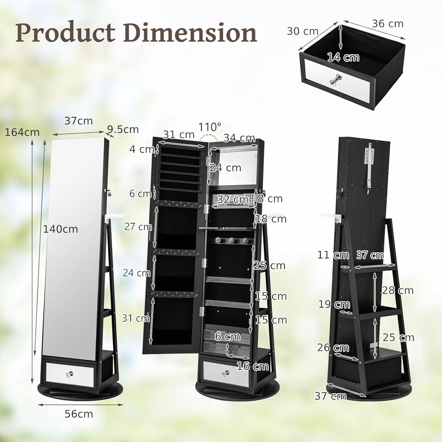 360° Swivel Jewelry Cabinet LED Mirror Lockable Makeup Storage