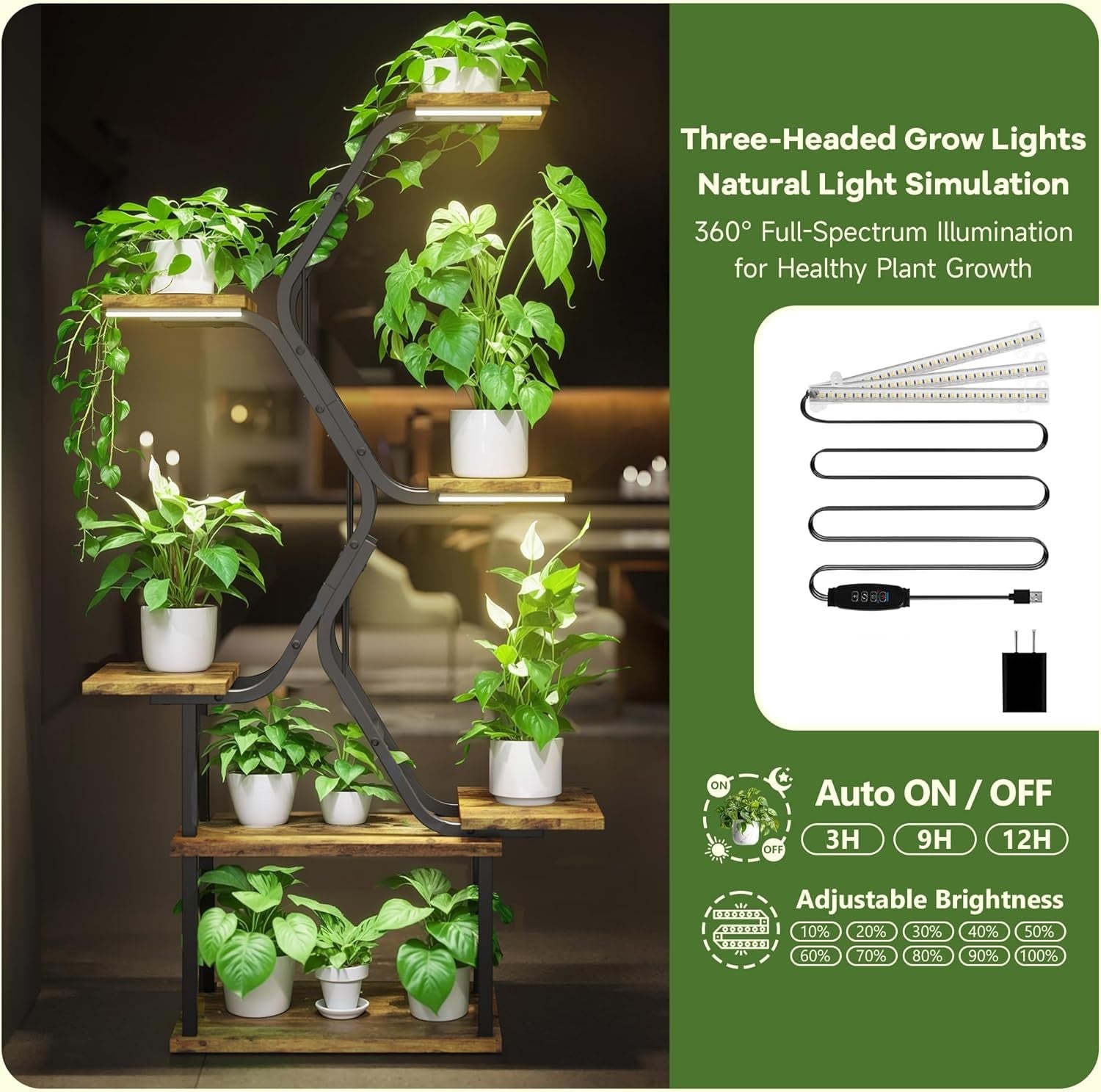7 Tier Tall Metal Plant Stand with Grow Lights Indoor Outdoor Flower Shelf