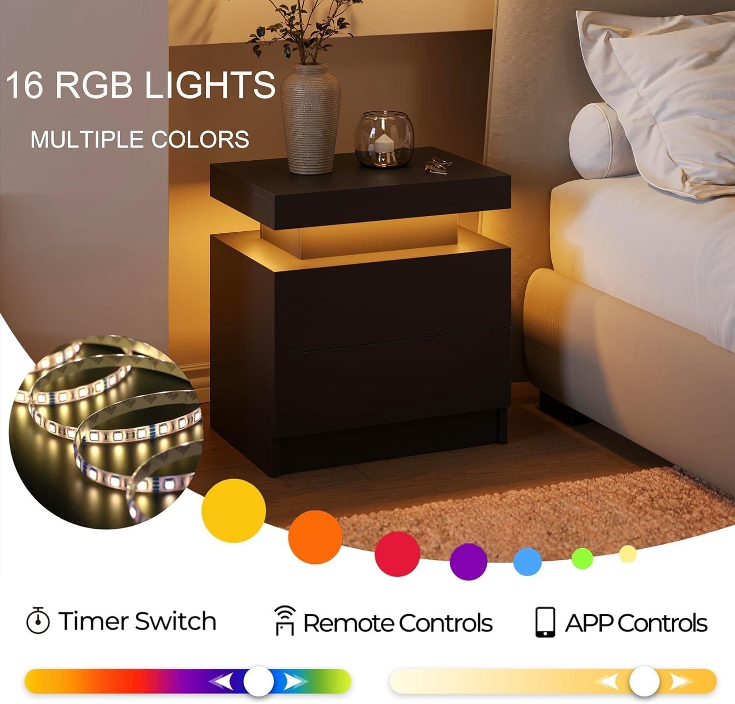 Modern Black LED Bedside Tables Set of 2 with RGB Lights & Drawers