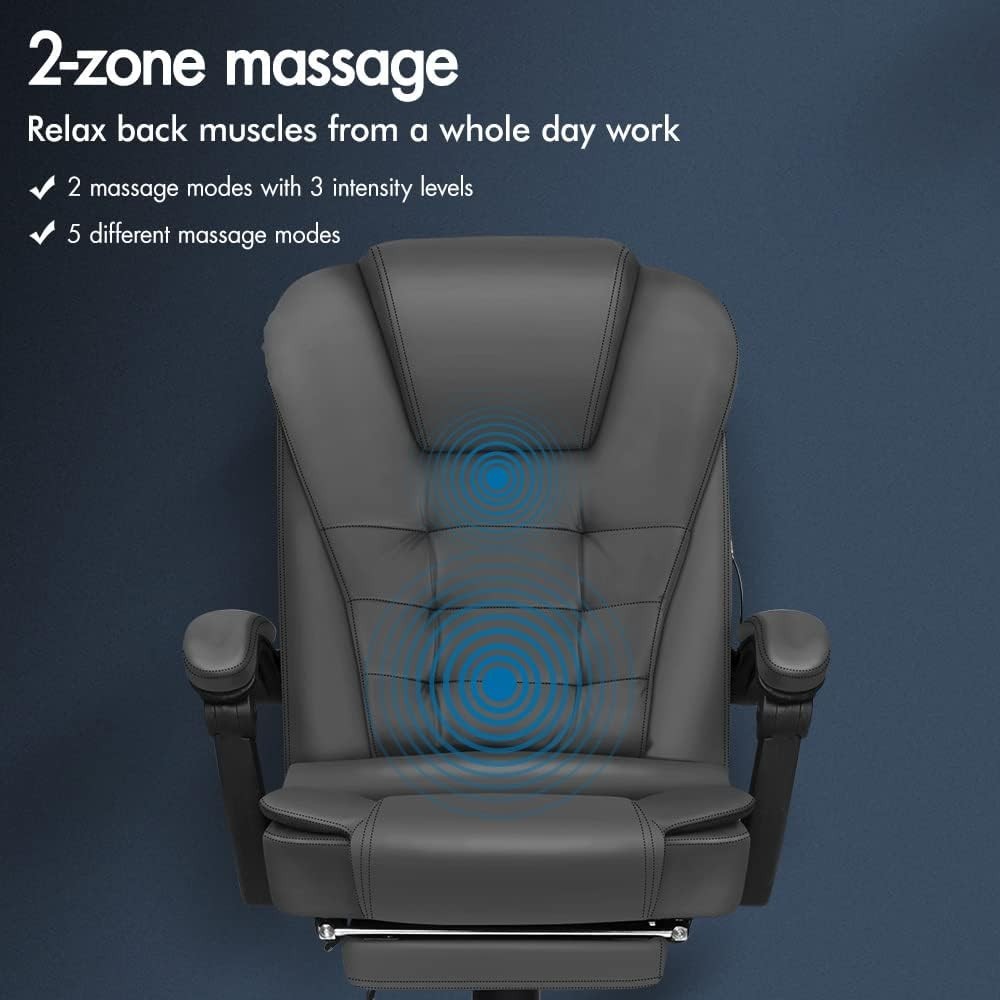 Grey Massage Office Chair Recliner Footrest Ergonomic PU Leather Heavy Duty