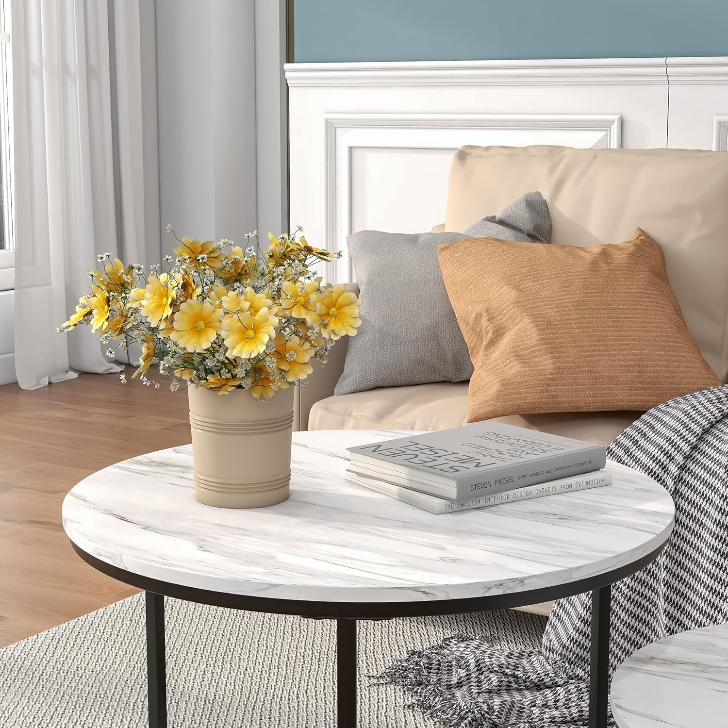 Nesting Coffee Tables Set of 2 Round Faux Marble Side End Table Storage White