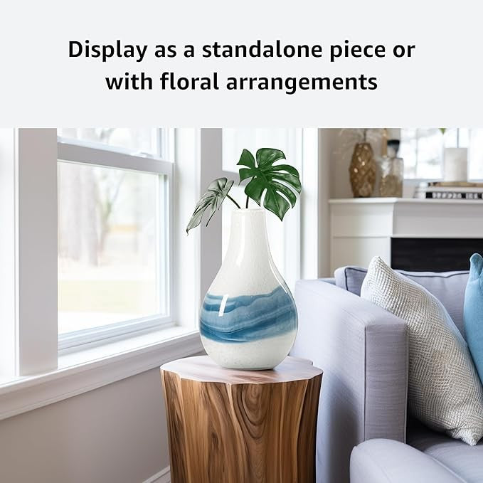 White Blue Hand Blown Glass Vase 36cm Coastal Modern Table Centerpiece