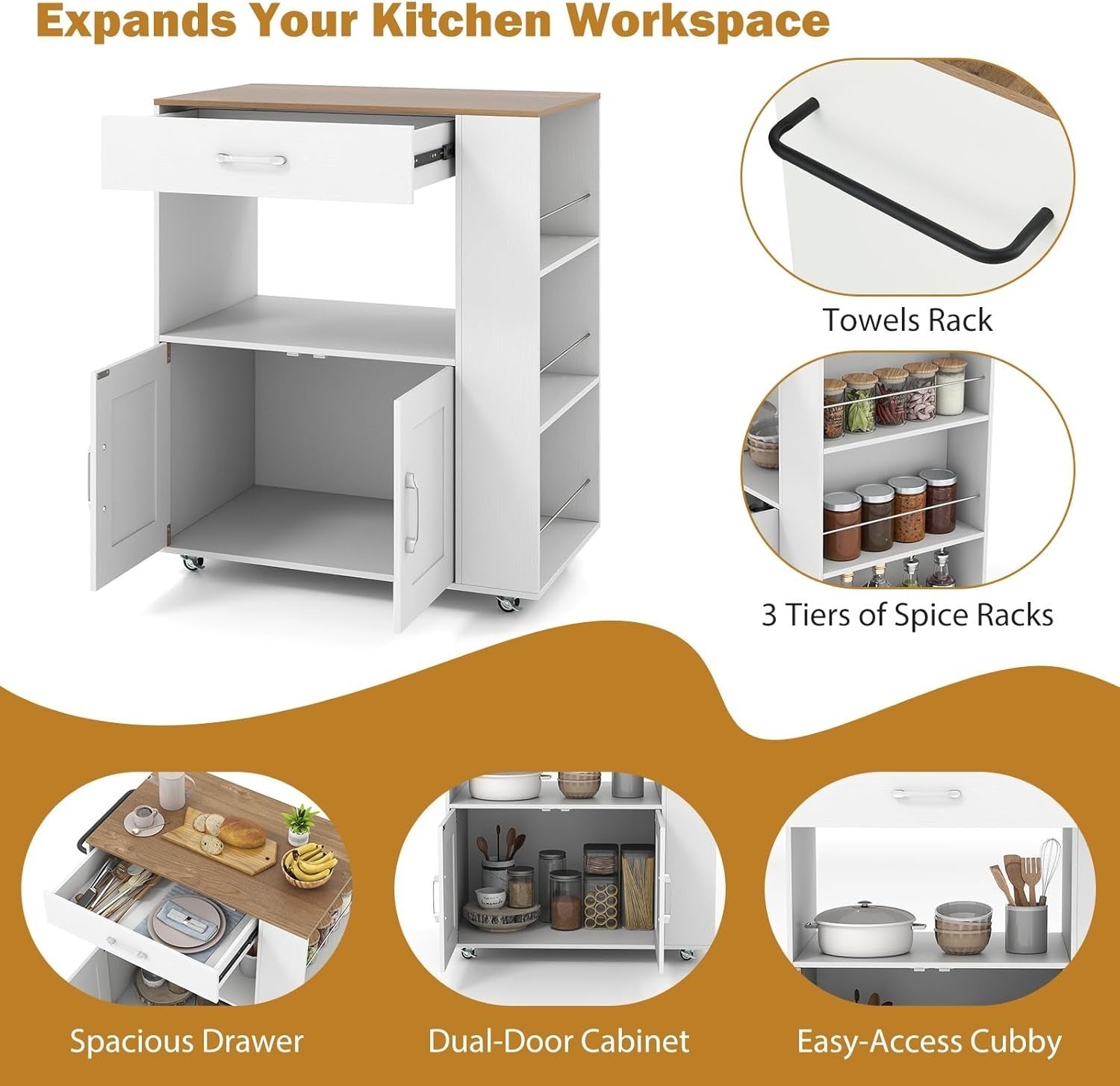 Kitchen Island Trolley White Natural with Spice Rack