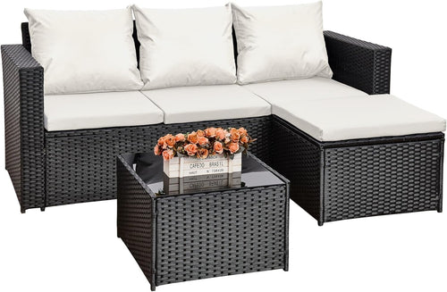 3PC Rattan Garden Sofa Set Black Wicker w/ White Cushions & Coffee Table