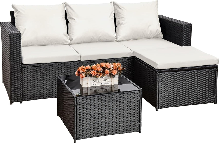 3PC Rattan Garden Sofa Set Black Wicker w/ White Cushions & Coffee Table